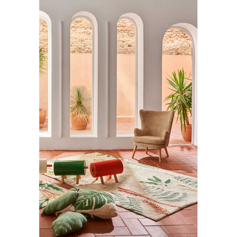 Cream Rectangular Botanic Plants Wool Cotton Area Rug