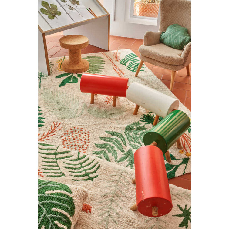 Cream Rectangular Botanic Plants Wool Cotton Area Rug