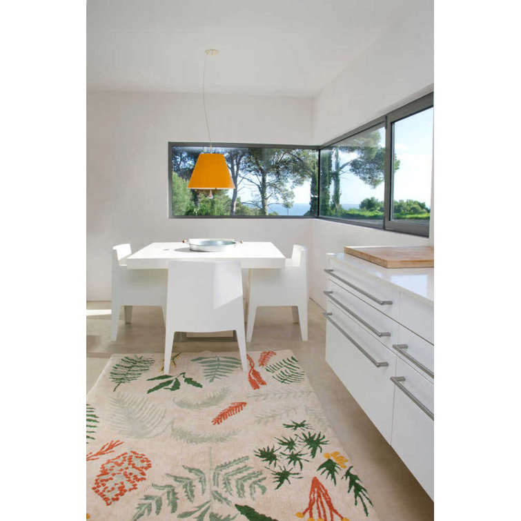 Cream Rectangular Botanic Plants Wool Cotton Area Rug