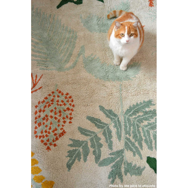 Cream Rectangular Botanic Plants Wool Cotton Area Rug