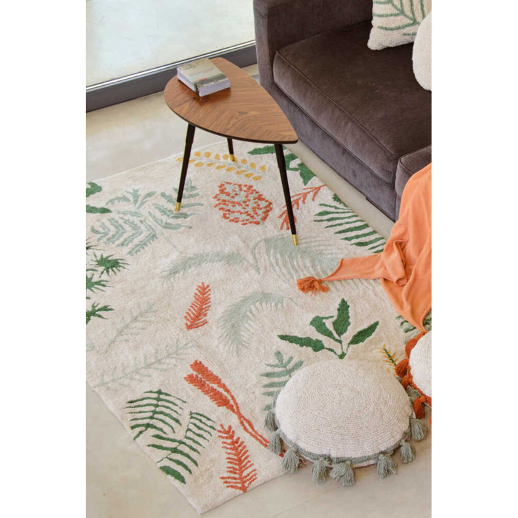 Cream Rectangular Botanic Plants Wool Cotton Area Rug