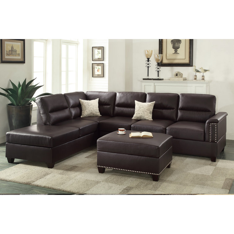 Espresso Faux Leather 3-Piece Sectional Sofa with Ottoman