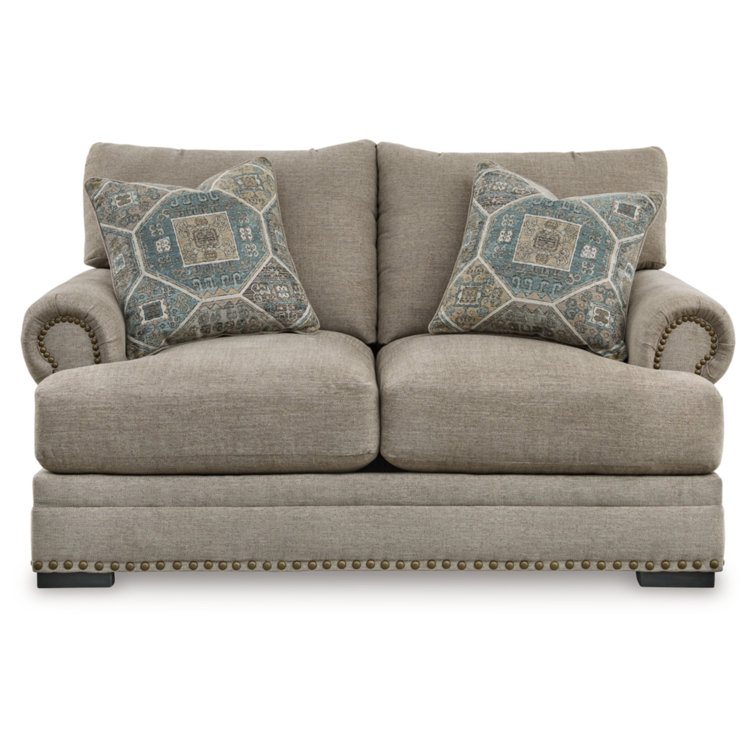 Beige Fabric Rolled Arm Nailhead Loveseat