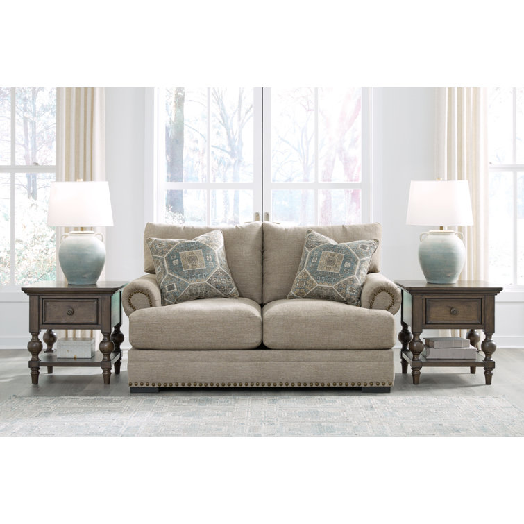 Beige Fabric Rolled Arm Nailhead Loveseat