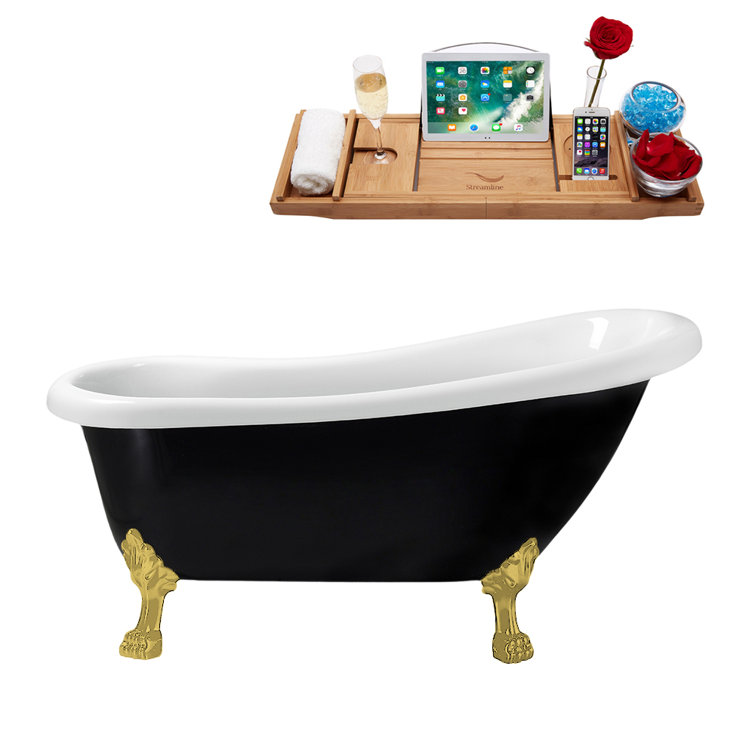 61" Black and White Acrylic Clawfoot Slipper Bathtub with Gold Feet