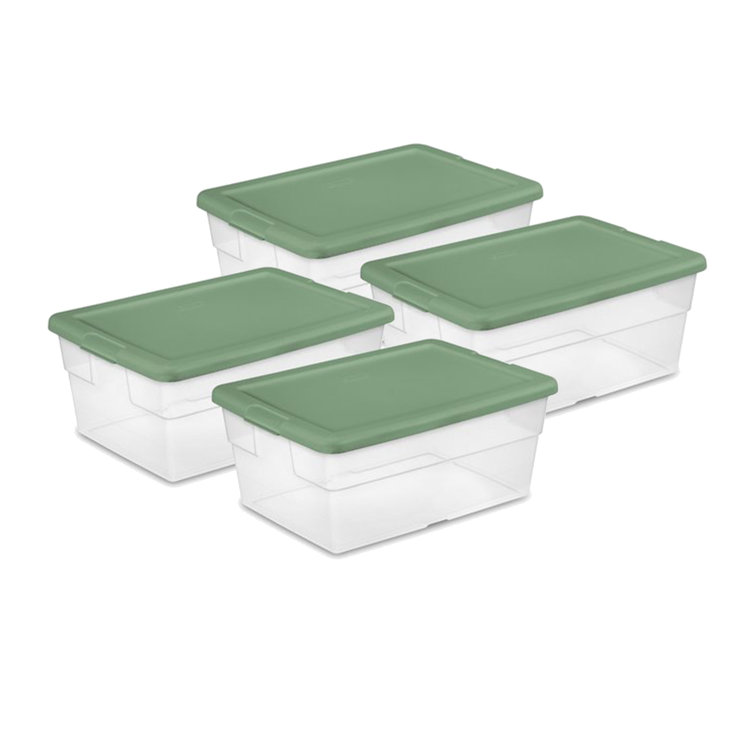 Sterilite 16 Quart Clear Plastic Storage Totes with Green Lids, 4 Pack