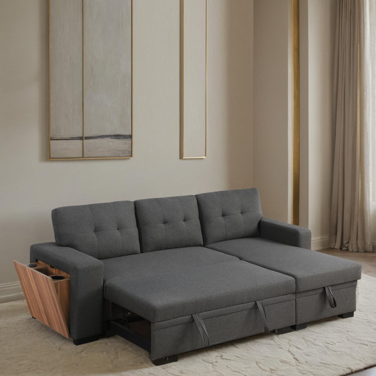 Dark Gray Tufted Fabric Reversible Sectional Sofa with Storage and Cup Holder