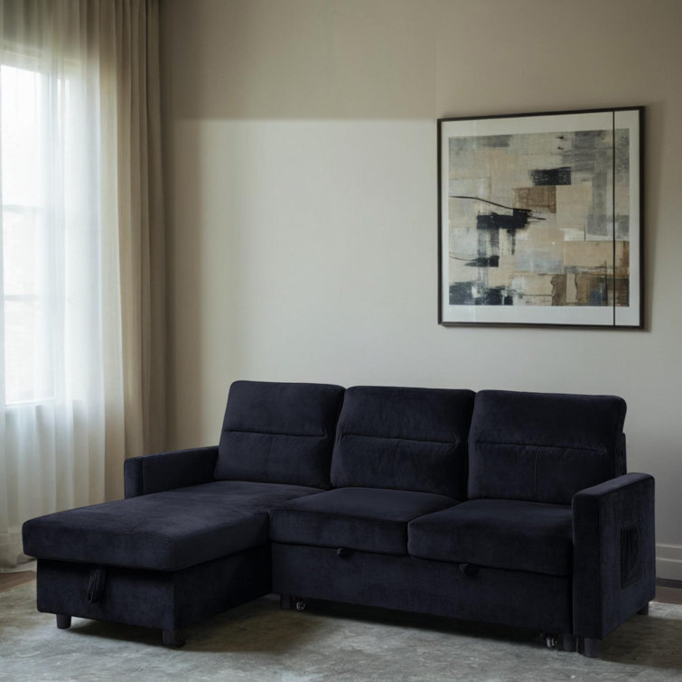 Black Velvet Two-Piece Sectional Sofa with Storage