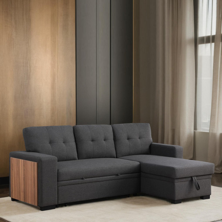 Dark Gray Tufted Fabric Reversible Sectional Sofa with Storage and Cup Holder