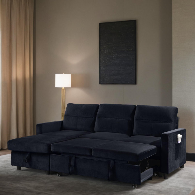Black Velvet Two-Piece Sectional Sofa with Storage