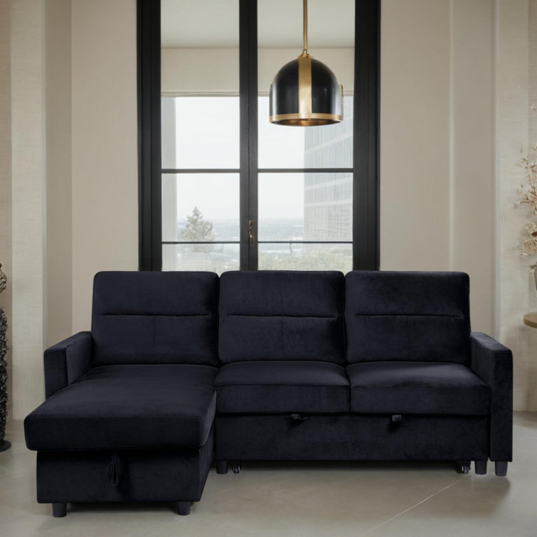 Black Velvet Two-Piece Sectional Sofa with Storage