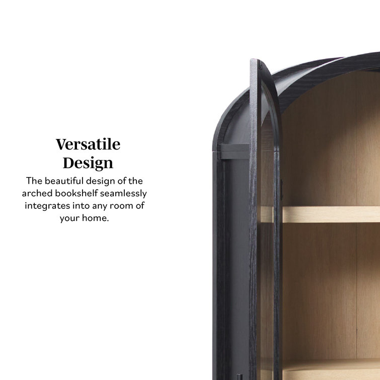 Black Arched Bookcase with Glass Doors and Natural Shelves
