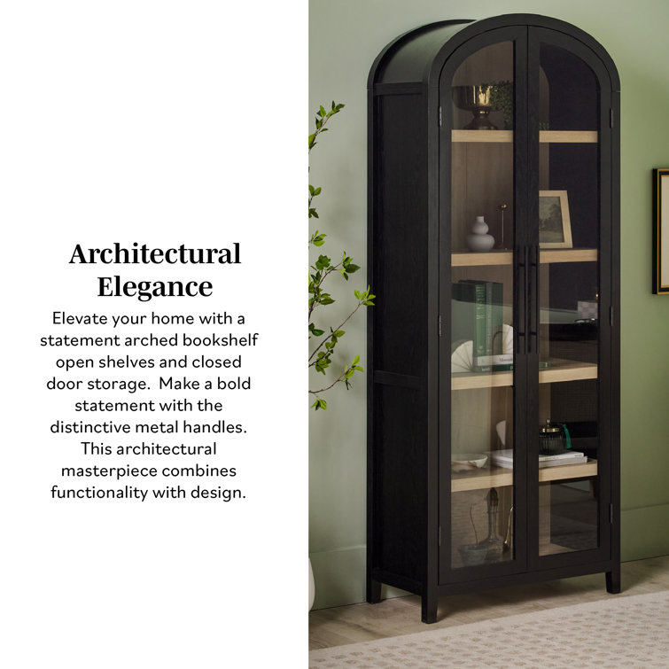 Black Arched Bookcase with Glass Doors and Natural Shelves