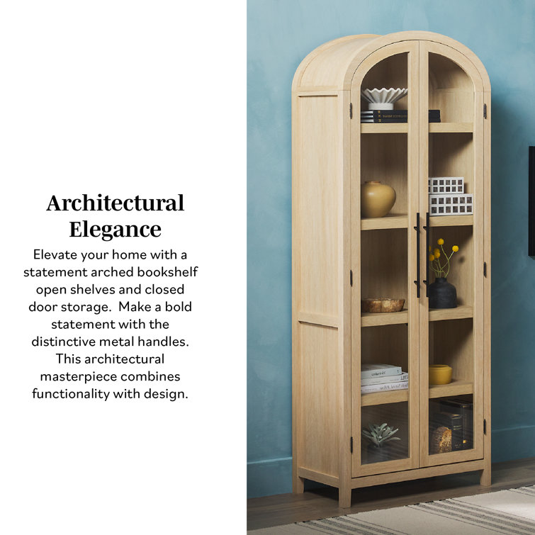 Coastal Oak Arched Bookshelf with Glass Doors