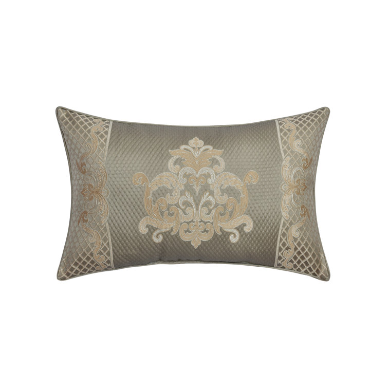 Greige Damask Woven Boudoir Throw Pillow with Trim