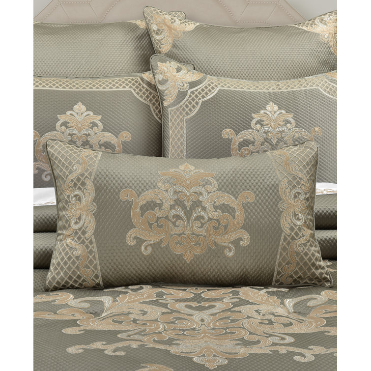 Greige Damask Woven Boudoir Throw Pillow with Trim
