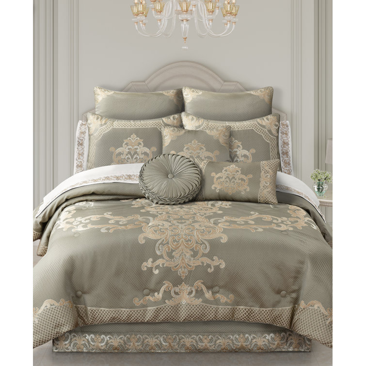 Ivory and Sage California King Comforter Set with Scroll Design