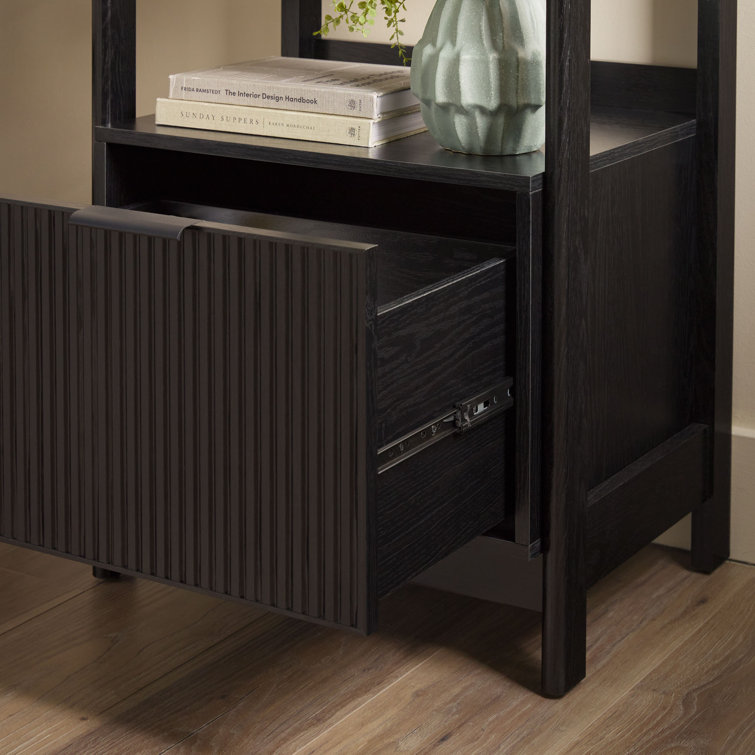 Black Narrow Reeded Bookshelf with Bottom Drawer