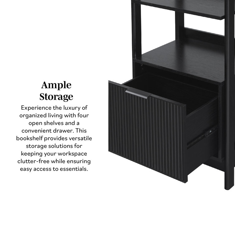 Black Narrow Reeded Bookshelf with Bottom Drawer