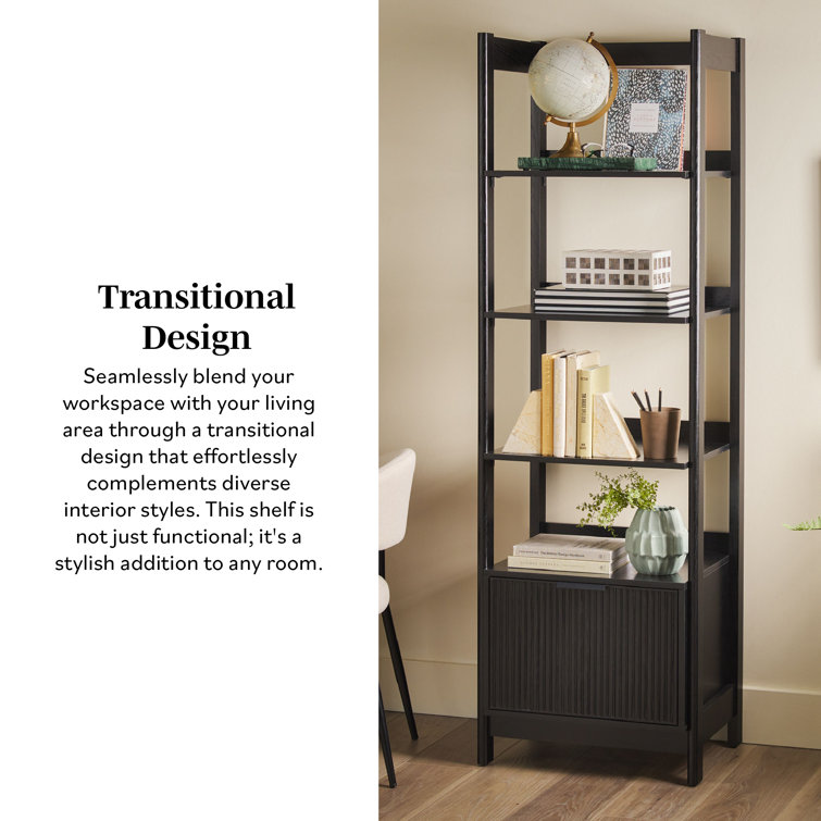 Black Narrow Reeded Bookshelf with Bottom Drawer