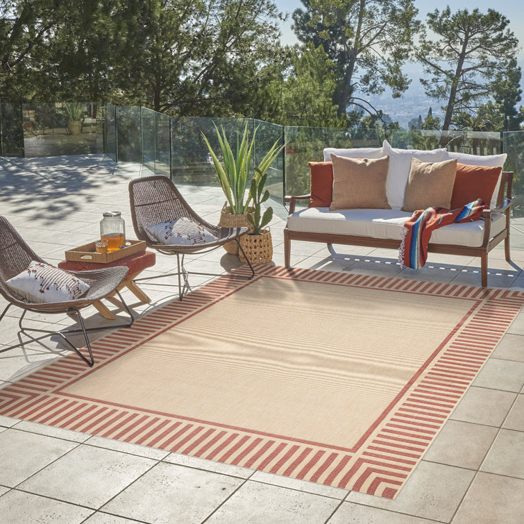 Beige and Red Striped Synthetic Flatweave Indoor/Outdoor Rug 5' x 7'