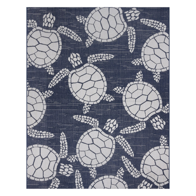 Navy and White Synthetic Coastal Sea Turtle 5' x 7' Area Rug