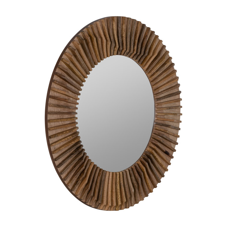 Round Brown Mango Wood Wall Mirror with Distressed Grain Accents