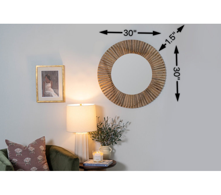 Round Brown Mango Wood Wall Mirror with Distressed Grain Accents