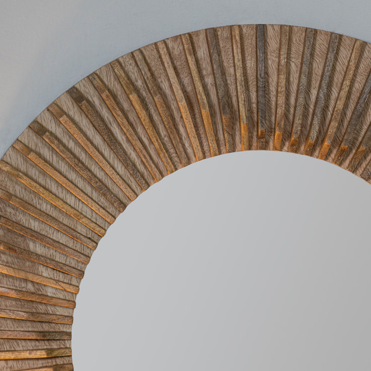 Round Brown Mango Wood Wall Mirror with Distressed Grain Accents