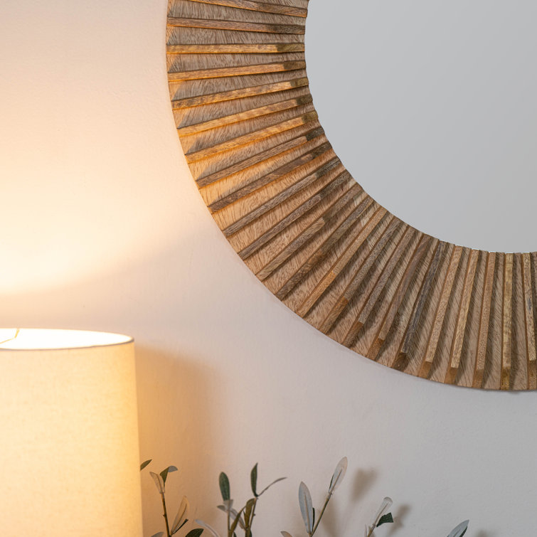 Round Brown Mango Wood Wall Mirror with Distressed Grain Accents