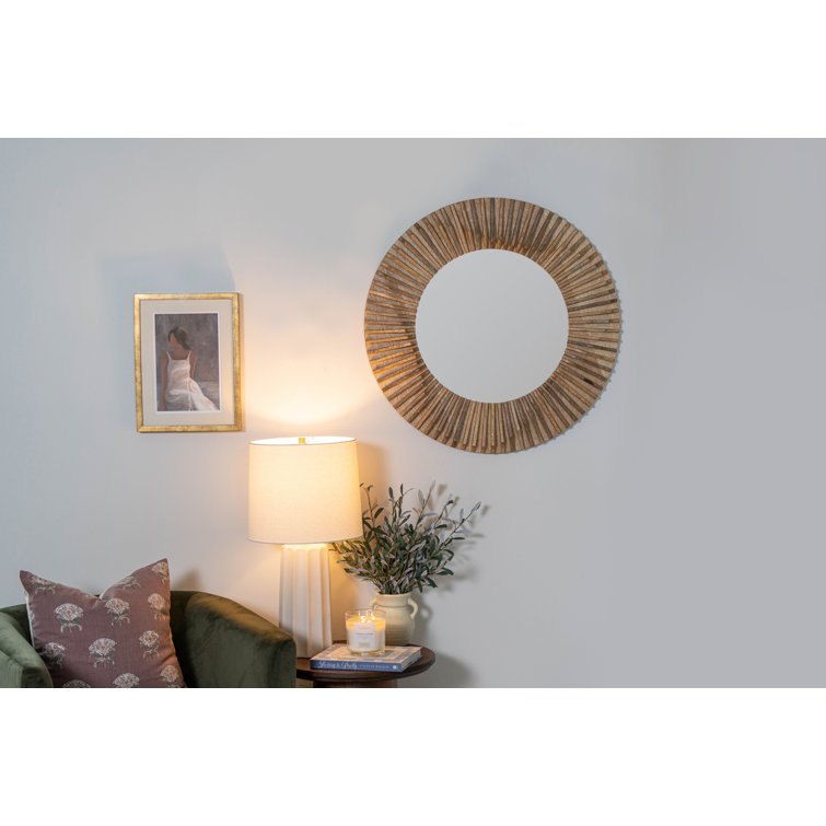 Round Brown Mango Wood Wall Mirror with Distressed Grain Accents