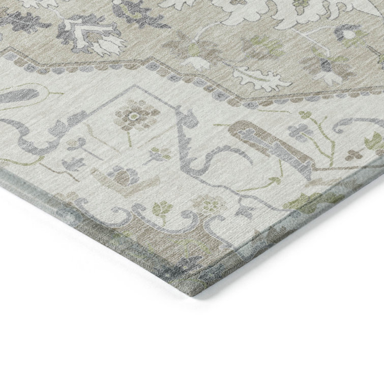 Ivory and Beige Rectangular Synthetic Washable Area Rug