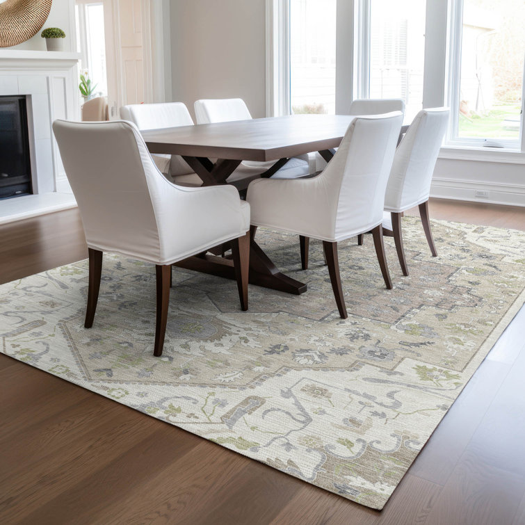 Ivory and Beige Rectangular Synthetic Washable Area Rug