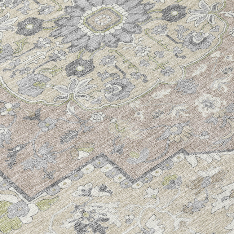 Ivory and Beige Rectangular Synthetic Washable Area Rug
