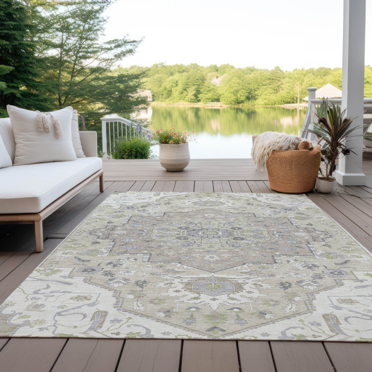 Ivory and Beige Rectangular Synthetic Washable Area Rug