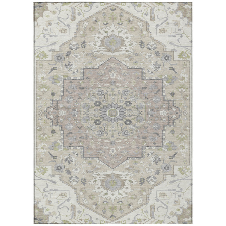 Ivory and Beige Rectangular Synthetic Washable Area Rug