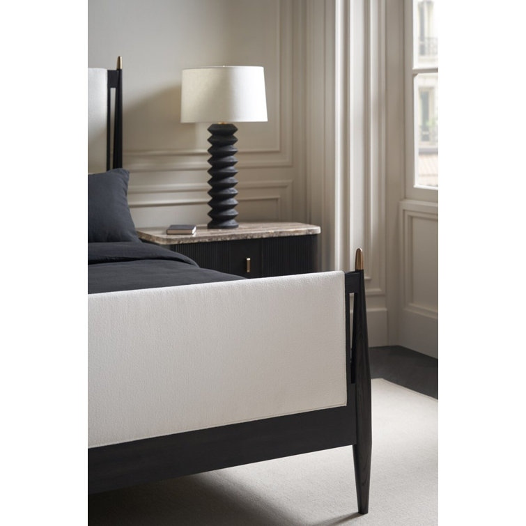 King Black and Cream Upholstered Poster Bed with Wood Frame