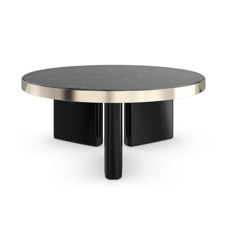 Round Black and Gold Wood Glass Cocktail Table