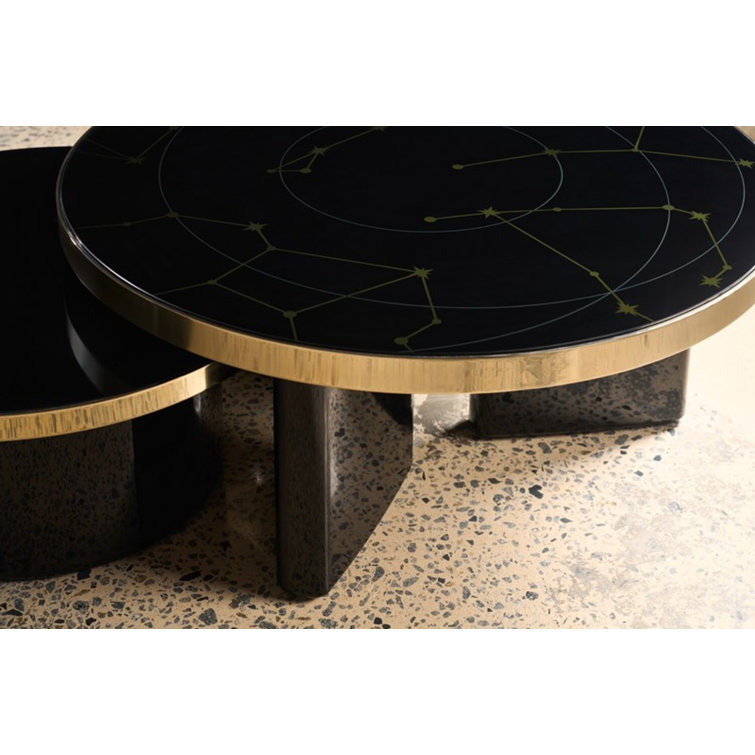 Round Black and Gold Wood Glass Cocktail Table