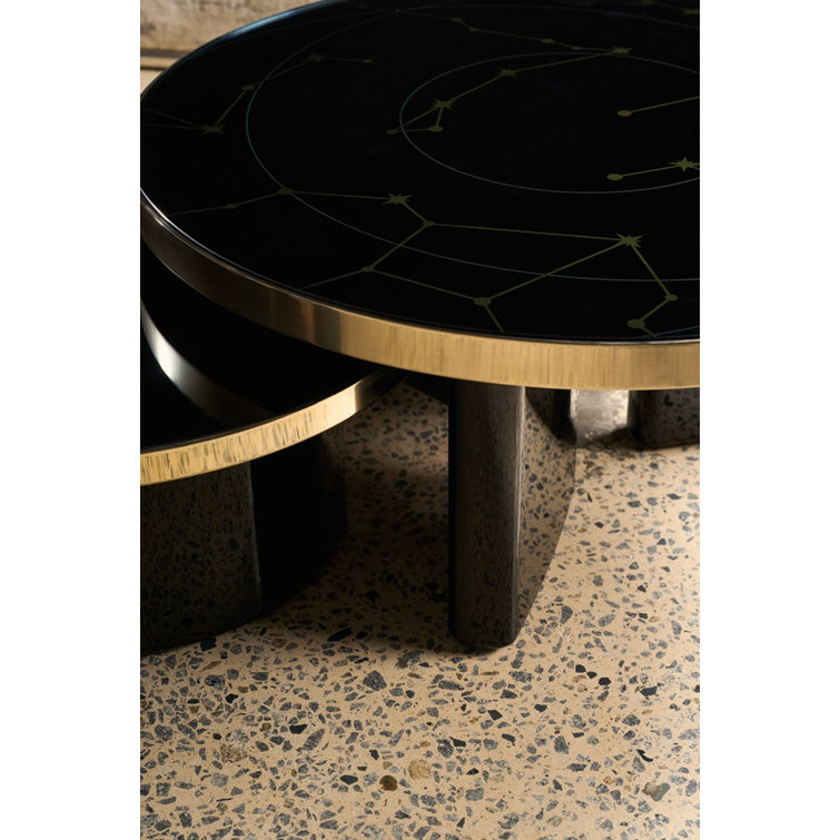 Round Black and Gold Wood Glass Cocktail Table
