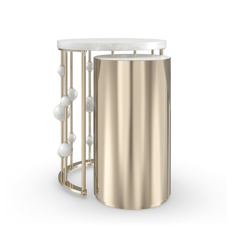 White Rhino Marble and Gold Metal Round Nesting Accent Table Set