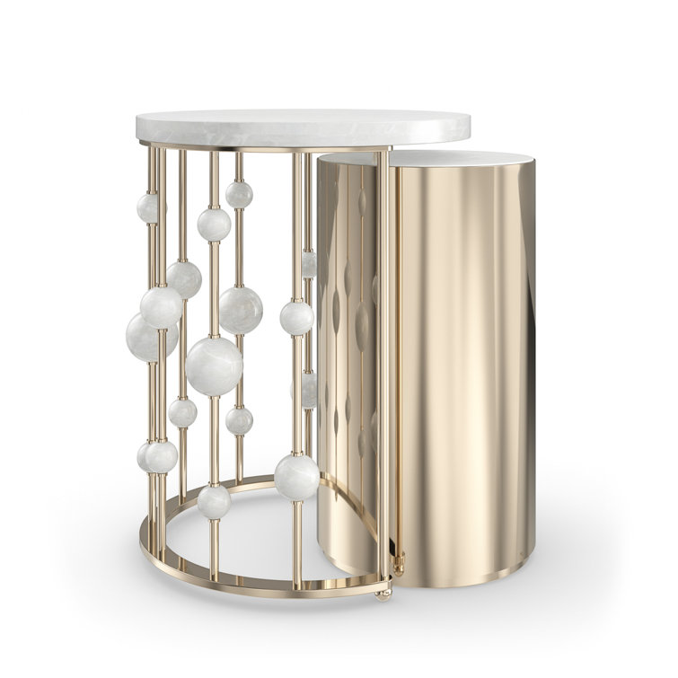 White Rhino Marble and Gold Metal Round Nesting Accent Table Set
