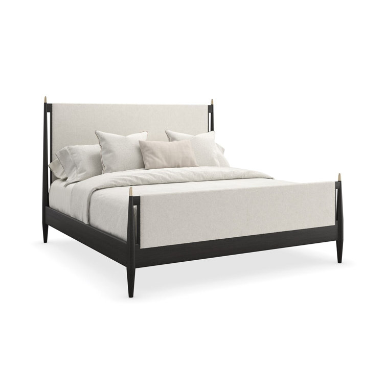 King Black and Cream Upholstered Poster Bed with Wood Frame