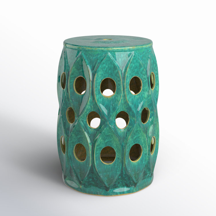 Green Ceramic Outdoor Accent Stool with Cutout Design