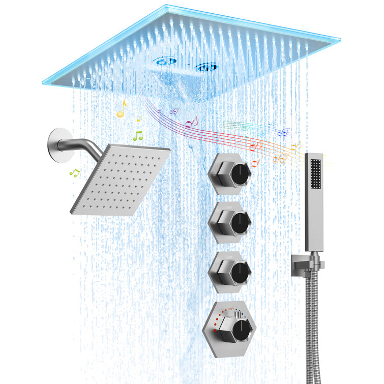 Brushed Nickel LED Thermostatic Dual Showerheads with Bluetooth Speaker