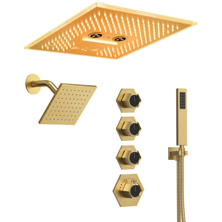 Brushed Gold Stainless Steel Multi-Head Shower System with Bluetooth Speaker