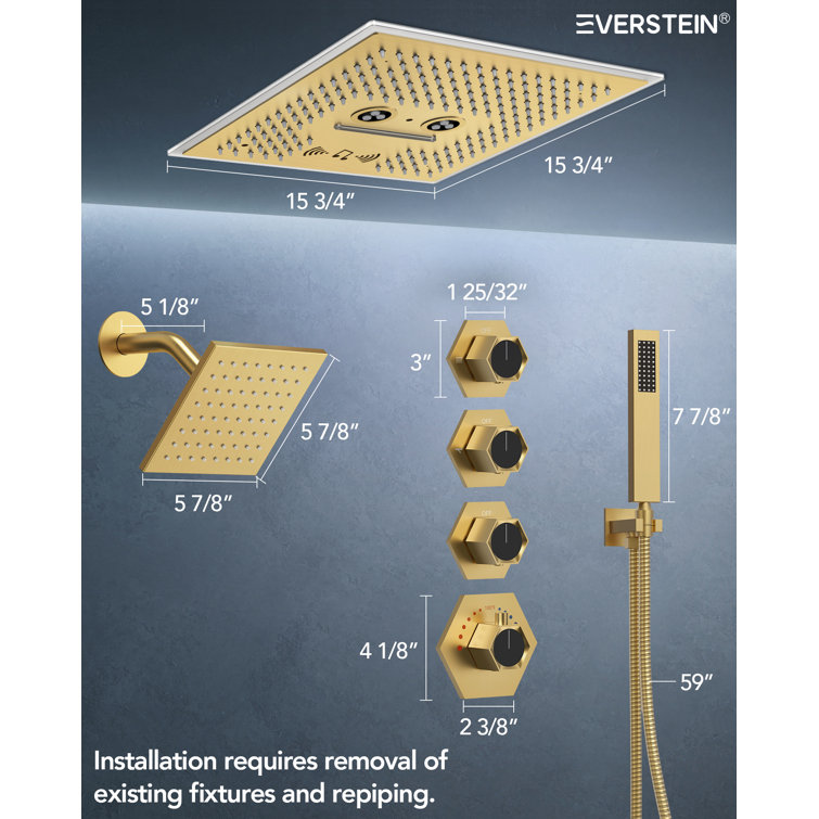 Brushed Gold Stainless Steel Multi-Head Shower System with Bluetooth Speaker