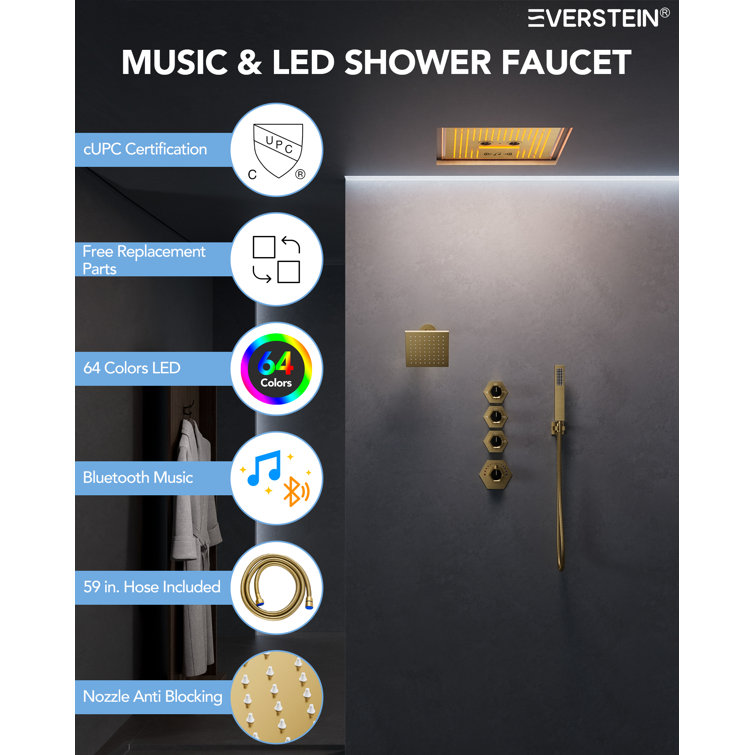 Brushed Gold Stainless Steel Multi-Head Shower System with Bluetooth Speaker