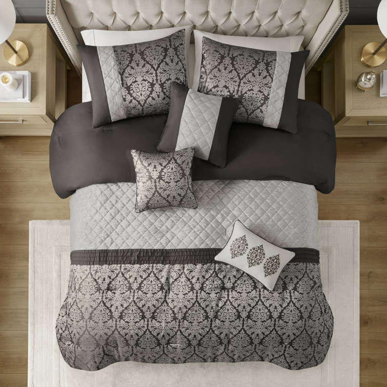 King Black Microfiber Jacquard Comforter Set with Throw Pillows