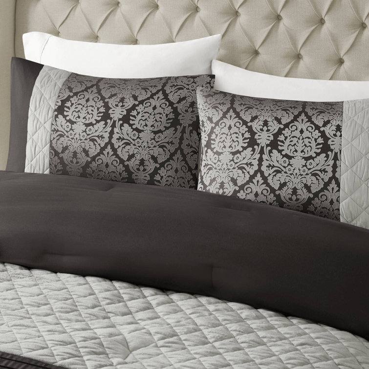 King Black Microfiber Jacquard Comforter Set with Throw Pillows